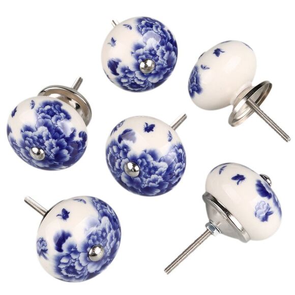6pcs Vintage Knobs Floral Ceramic Pumpkin Drawer Handles Pulls Knob, Peony - Picture 1 of 6